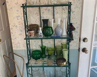 Bakers rack, flower frogs, vases