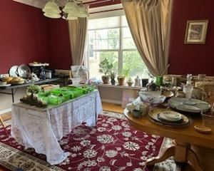 housewares, glassware, dining room table and chairs live plants