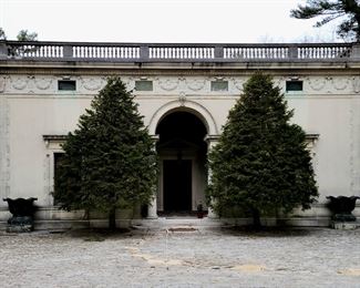 Massive Chinese Qing or Japanese Meiji Bronze Lotus Urns Fountains from the entrance to the Gertrude Vanderbilt Whitney studio and gardens.