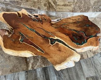 Rustic Live Edge Natural Free Form Slab Wood & Turquoise Epoxy Coffee Table 	18 x 50.5 x 29.in	HxWxD
