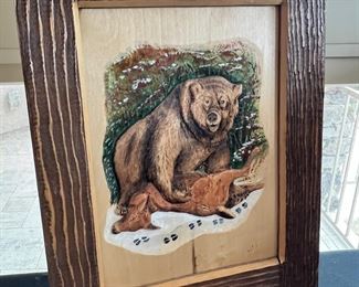 Hand Carved Wood Bear & Deer Wall Hanging 15.25 x 12.in