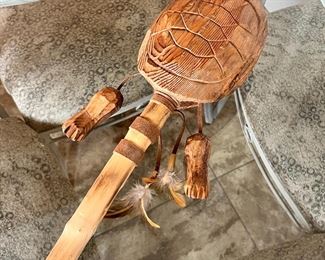 Hand Carved Turtle Rattle 19 inches long