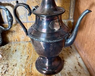 4pc Academy Silver on Copper Teaset Teapot: 10.5 inches high.