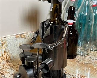 Metal Art Drummer Dog Wine Bottle Holder 13 inches high