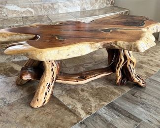 Rustic Live Edge Natural Free Form Slab Wood & Turquoise Epoxy Coffee Table 18 x 50.5 x 29.in HxWxD