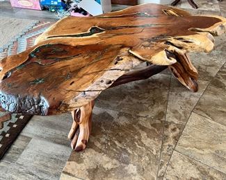 Rustic Live Edge Natural Free Form Slab Wood & Turquoise Epoxy Coffee Table 18 x 50.5 x 29.in HxWxD