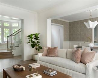 Restoration Hardware Belgian Track Arm slipcovered bench seat sofa. $3,500. Fabric is Perennials Performance Textured Linen weave in Natural. Cushions are down fill. Dimensions are 96"W x 37"D x 31"H