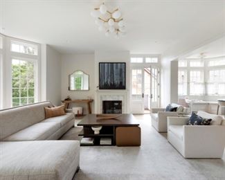 Wesley Hall Left Hand custom Sectional Sofa. $3,500 Fabric is Greige tweed. Dimensions are 118 W x 35" H x 35" D. Chaise is 66" long. Bernhardt Cocktail Table with 2 tuck under ottomans for extra seating $2,500 Dimensions 56" W x 44" L X 20" H