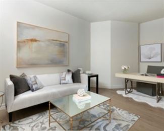 Bernhardt Bench Sofa. $1,800. Fabric is white velvet with textured geometrical pattern. Pillows included. Dimensions are 82"W x 33"D x 31"H. Bernhardt 3 drawer writing desk with Shagreen drawer fronts. $1,500. Decorative brushed brass legs. Dimensions are 62"W x 30"D x 30"H.