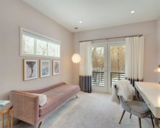 Precedent Chaise Lounge in blush velvet with a subtle cream and metallic roll pillow. $1,250. Legs are blond wood. Dimensions are 80"W x 29"D x 18"H. Bernhardt 3 drawer writing desk with Shagreen drawer fronts. $1,500. Decorative brushed brass legs. Dimensions are 62"W x 30"D x 30"H.