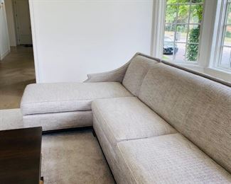 Wesley Hall Left Hand custom Sectional Sofa. $3,500 Fabric is Greige tweed. Dimensions are 118 W x 35" H x 35" D. Chaise is 66" long.
