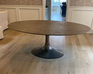 Restoration Hardware Aero Wood Oval Dining Table. $3,000. Top is Ash Grey Oak and base is Antiqued Pewter. Dimensions are 78"L x 48"W x 30"H. Table and chairs sold separately.