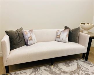 Bernhardt Bench Sofa. $1,800. Fabric is white velvet with textured geometrical pattern. Pillows included. Dimensions are 82"W x 33"D x 31"H