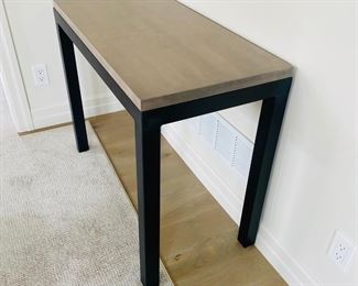 2 Room & Board Parsons End tables. $375 each. Top is maple with shell stain. Base is natural steel. Dimensions are 36"w x 18"D x 29.5" H