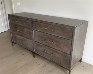 Vanguard 6 drawer dresser in brown wood with gray wash finish. $1,500. Legs are antiqued brass. Cabinet pulls are lucite with antique brass ends. Dimensions are 72"W x 22" D x 36"H