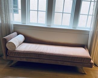 Precedent Chaise Lounge in blush velvet with a subtle cream and metallic roll pillow. $1,250. Legs are blond wood. Dimensions are 80"W x 29"D x 18"H.