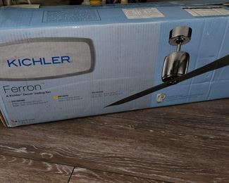 new, in-box Kichler 60 inch, brushed nickel ceiling fan, Ferron model. Never out of box. Compare online at $540.00. That's not out price!