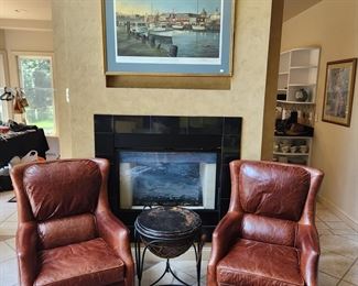 2 real leather chairs and drum table, by Arhaus