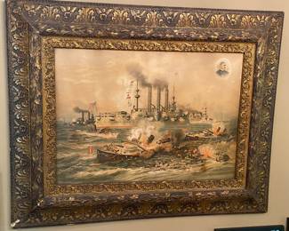 Gesso Framed "Destruction of Admiral Cevera's Fleet at Santiago 1898" (Spanish American War)