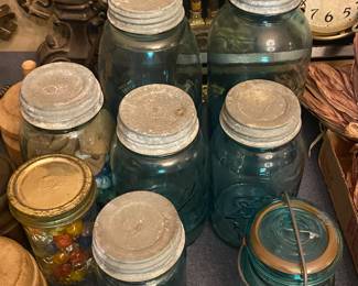 Assorted Blue Ball Jars/Some with Marbles