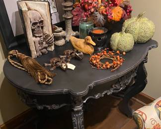 Assorted Halloween and Home Decor on Antique Table