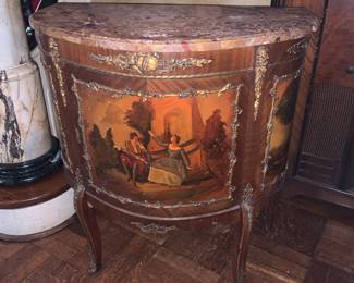 French painted mahogany Demilune Commode with marble top