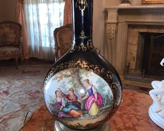 Antique Royal Vienna Style Porcelain Gilt and Hand Painted Cobalt Blue vase converted to a lamp
