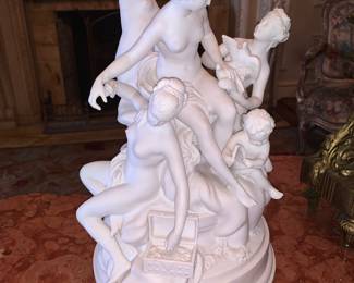 Cream colored bisque figural sculpture of female sea nymphs by artist Louis-Simon Boizot.