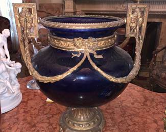 Vintage French 19th century Sevres style Cobalt blue porcelain and bronze centerpiece