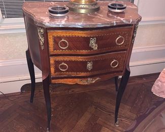 Pair of 19th century French Louis XV style marble top Fruitwood and Oak Parquet Commodes