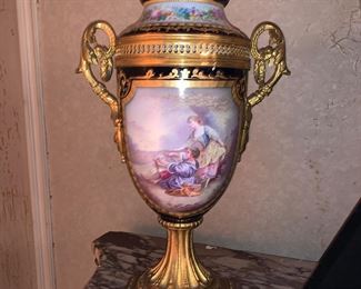 Large Sevres Style Porcelain and Bronze Ormolu Hand painted Covered vase