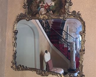 French Louis XV Style Giltwood Trumeau (Mirror) with painted panel