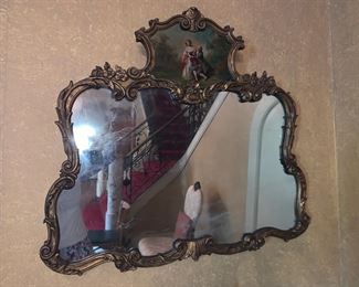 French Louis XV Giltwood Trumeau (mirror) with painted panel