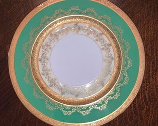Set of 12 Limoges partial gilt decorated green border plates - 11" diameter