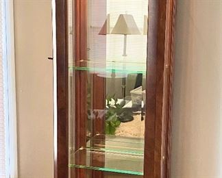 Lighted Curio Burl Wood Cabinet, Side Door Opening with Key.