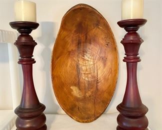 Heavy Turned Wood Candle Holders. Decorative Wooden Bowl.