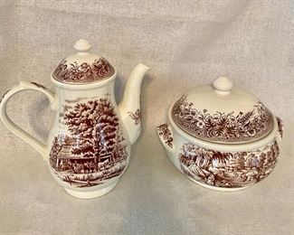 Currier & Ives "Cidermaking" Pattern Teapot - Currier & Ives "Harvest" Pattern Covered Dish by Heritage Mint "1990".