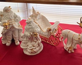 Superb Quality Vintage Gold Gilded Porcelain Santa, Sleigh & Reindeer Set, NIB.
