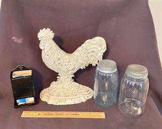 Old Metal Match Holder, New Cast Iron Rooster Door Stop, 2 Old Canning Jars with Zinc lids, Vintage Advertising Ruler.