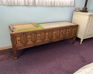 long vintage accent table with terrazzo inset top & 2 doors with interior storage 