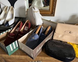 vintage YSL, Bally, Ferragamo shoes and purses