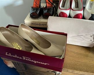 vintage YSL, Bally, Ferragamo shoes and purses