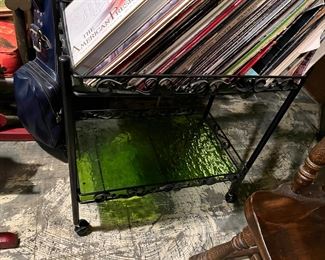 vintage wrought iron bar cart with wavy green glass