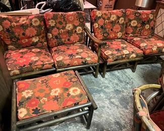 large set of vintage rattan sun room furniture - chairs, ottomans, sofas, tables