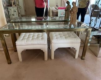 Mastercraft Greek key brass console
And 2 upholstered benches