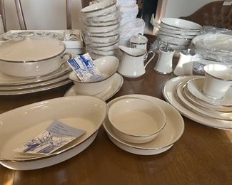 Vintage Lenox Solitaire china - gorgeous cream with silver rim - and modern shape on bowls and serving pieces. Full set for 12