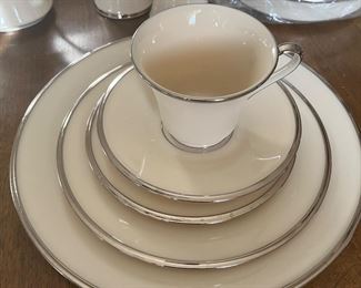 Vintage Lenox Solitaire china - gorgeous cream with silver rim - and modern shape on bowls and serving pieces. Full set for 12