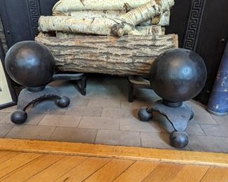 Antique Art & Crafts Cast Iron Ball Andirons