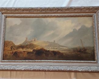 James Wilson Carmichael oil on board farmers working in a field in front of a castle