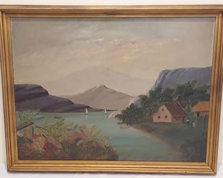 Unsigned oil on canvas folk art lake sailboat scene
